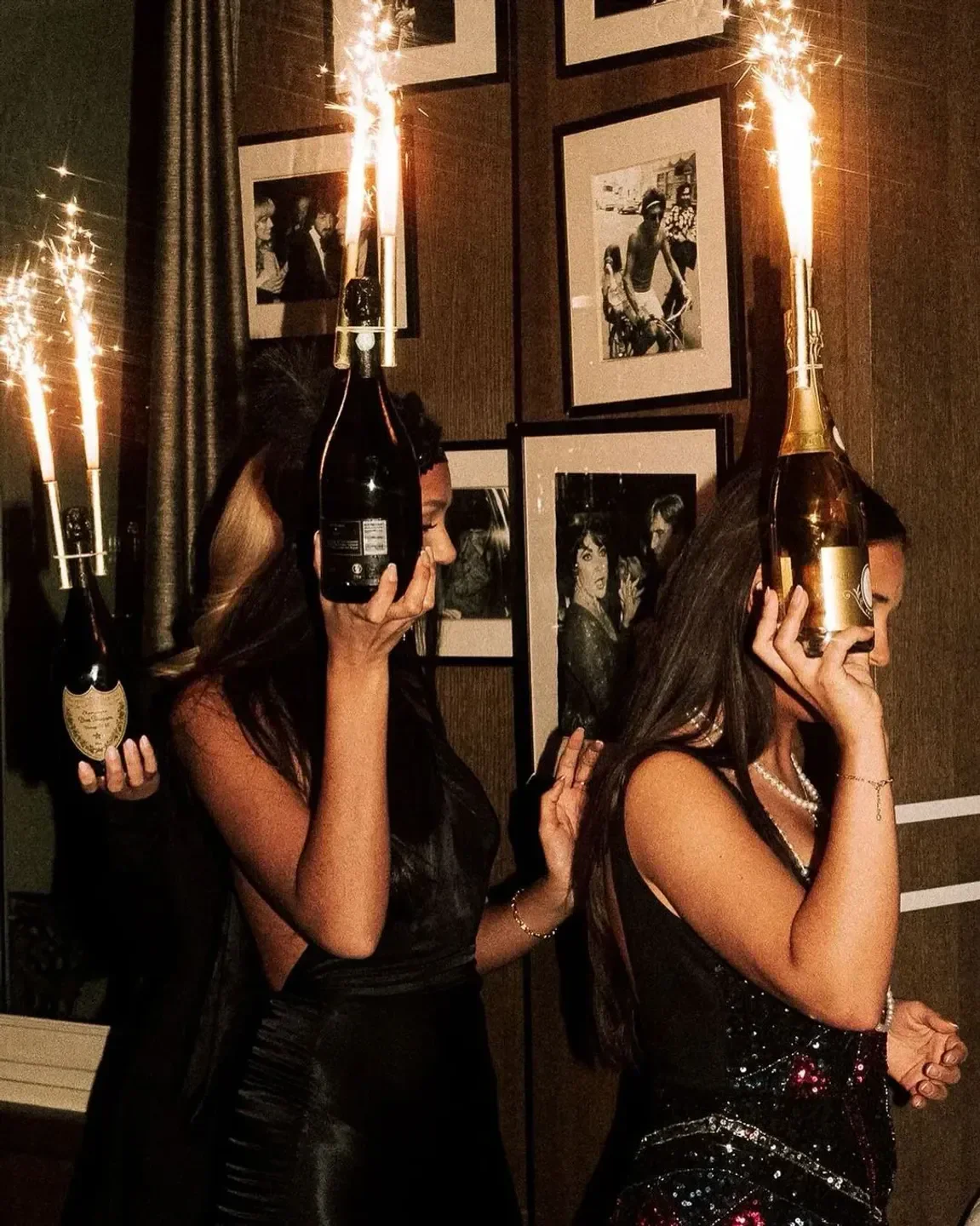 Velvet Dinner in Paris, champagne bottles with sparklers, festive celebration